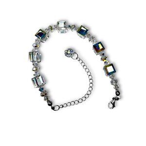 Sterling Silver Crystal Bracelet Aurora Borealis Cubes Adjustable 6.5"-9"